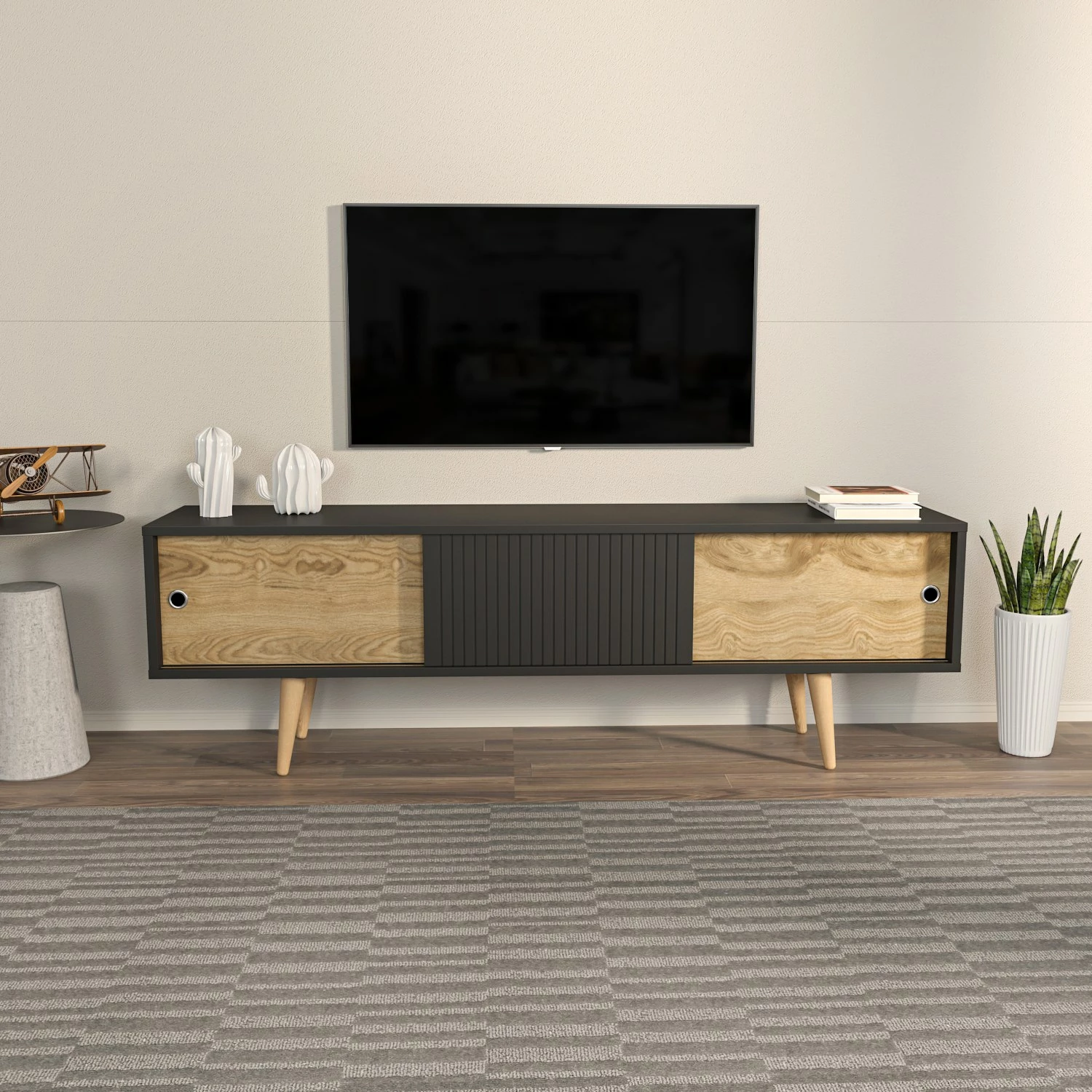 Komodë TV Skye Decor, ngjyrë antracit-dru lisi