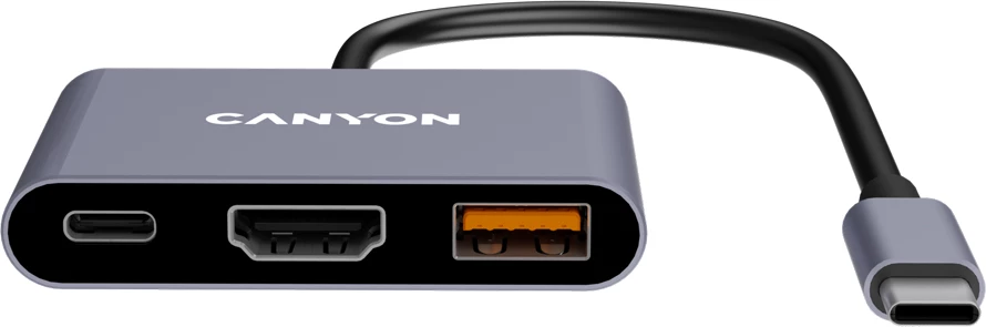 Hub USB-C CANYON DS-4 3n1 me HDMI, USB 3.2 Gen 2 dhe Power Delivery 100W, gri