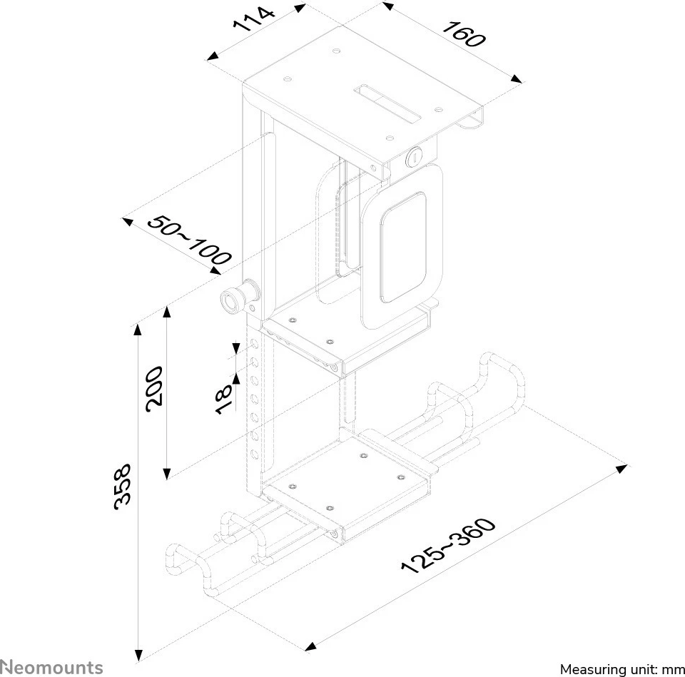 Mbajtës kase Newstar CPU-D075BLACK/LK, çelik, i zi, me kyç, rregullim 200-360mm, 10kg