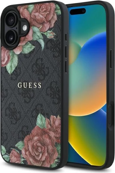 Mbështjellës Guess GUHMP16SP4ROPEMCK për iPhone 16 6.1", hardcase, MagSafe, i zi me lule