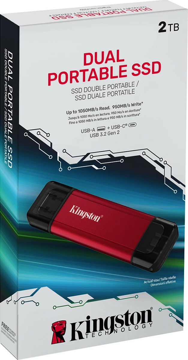 SSD portable Kingston Dual Portable SSD 2TB, USB-A/USB-C, USB 3.2 Gen 2, 1050MB/s, zi/kuq