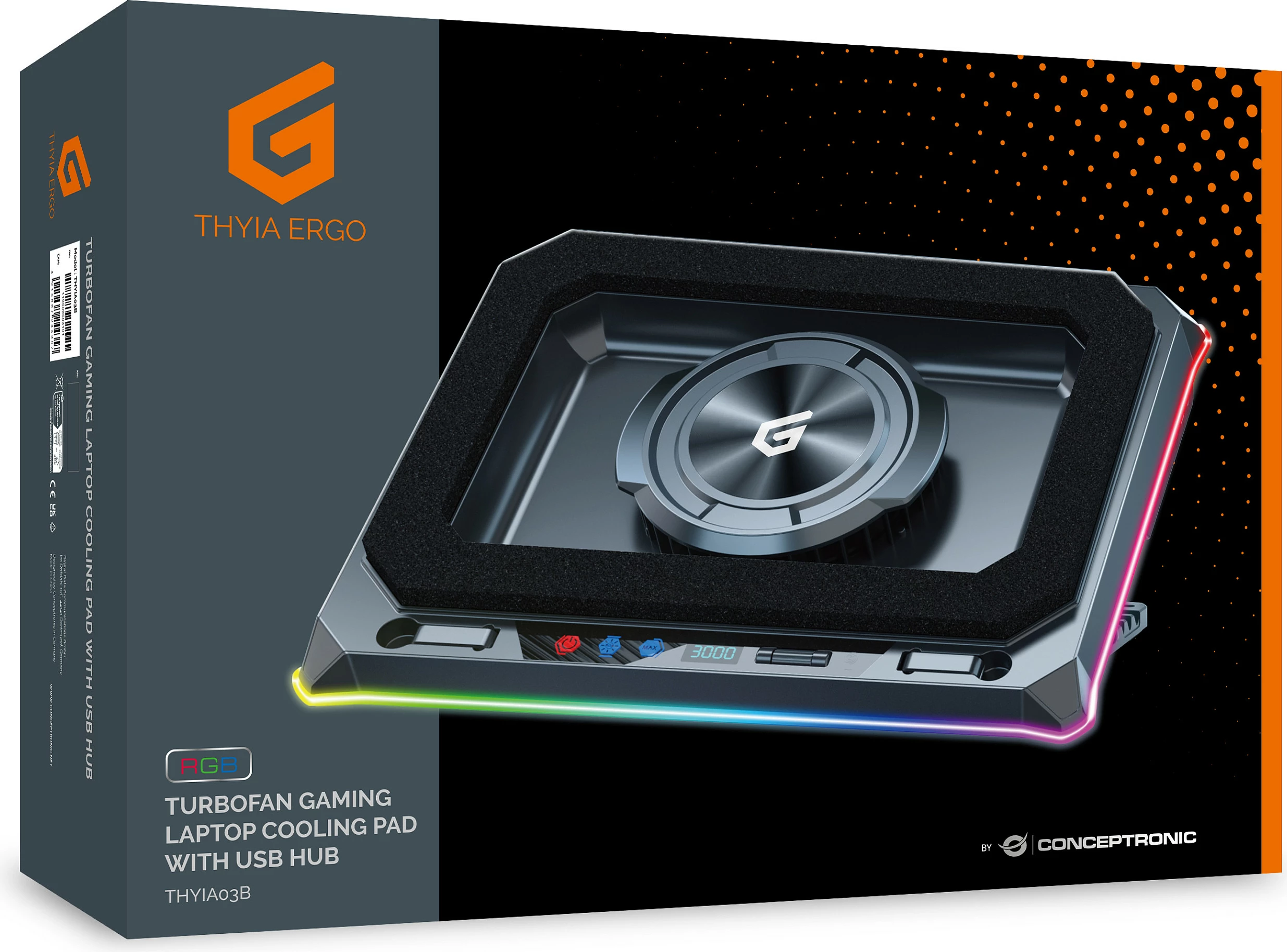 Kuler për laptop Conceptronic, USB-C, RGB, me mbajtëse telefoni, 12V