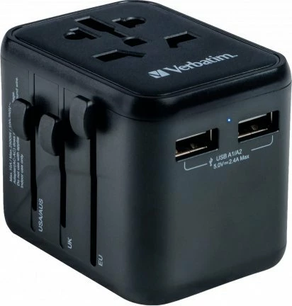 Adapter udhëtimi universal Verbatim UTA-01, 2x USB-A, 100-250V, 180+ shtete, i zi