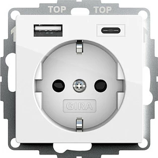 Prizë muri GIRA System 55, Type F + USB-A + USB-C, 3A, e bardhë