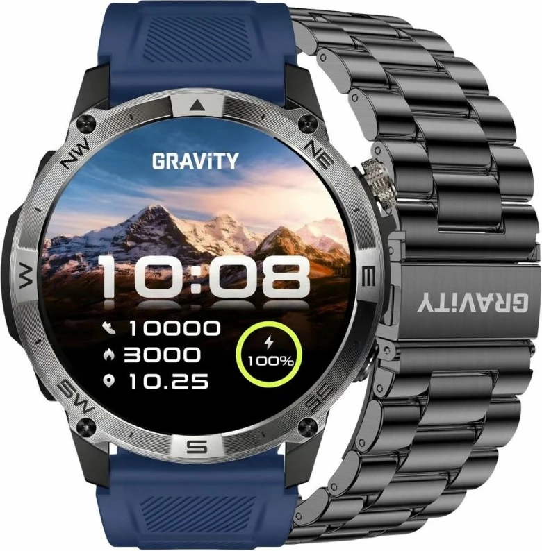 Smartwatch Gravity GT46-2, rrip silikoni dhe byzylyk çeliku, të zeza/blu