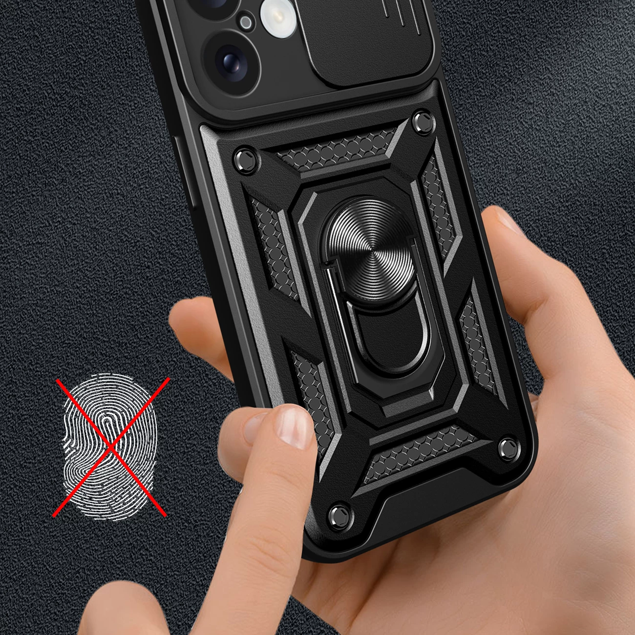Mbështjellës Hurtel Hybrid Armor Camshield për iPhone 16, me mbulesë kamere dhe qëndrim, i zi