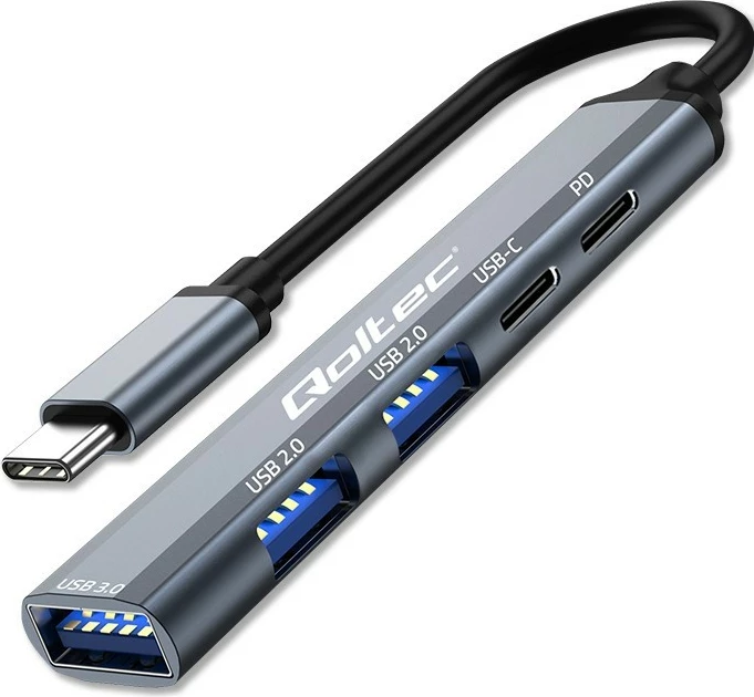 HUB USB-C Qoltec 53790, 5 porte, USB 3.0/2.0/USB-C/PD, grafit