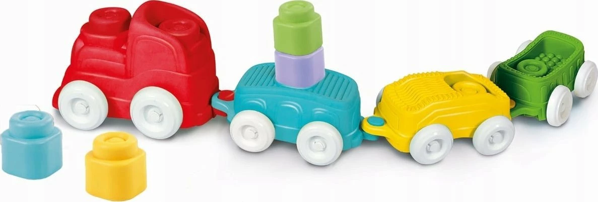 Tren lodër sensorial Clementoni Clemmy Soft Sensory Train, set 1 lokomotivë + 3 vagona + 8 blloqe të buta, shumëngjyrësh