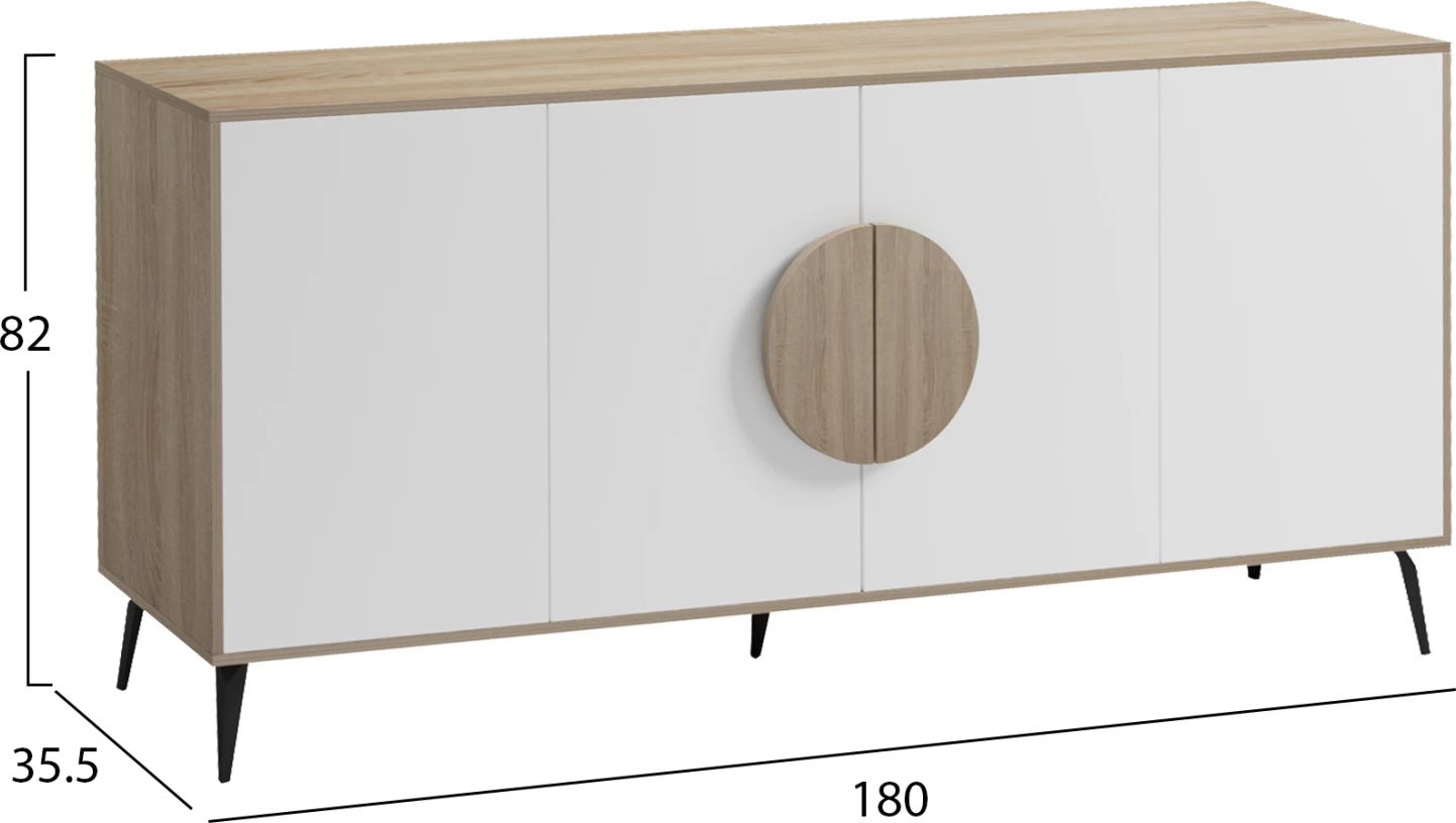 Komodë SAVORE, sonama/e bardhë, këmbë metalike të zeza, 180x35.5x82cm