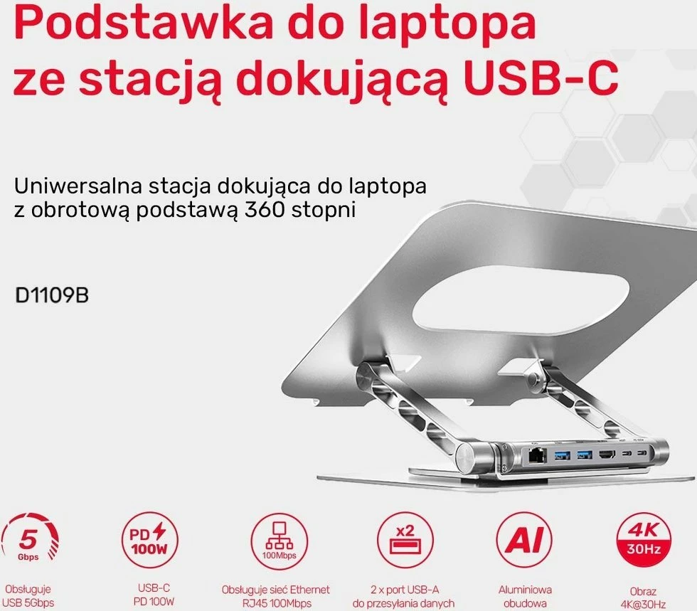 Mbajtës laptopi Unitek Top-4, deri 15.6\", USB-C hub i shkëputshëm, HDMI 1.4 4K@30Hz, PD 100W, Ethernet, argjend
