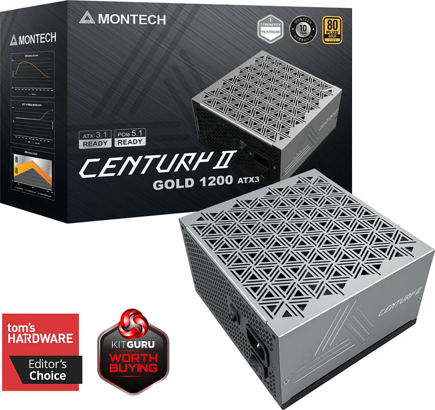 Furnizues rryme Montech CENTURY II 1200W, 80 PLUS Gold, ATX 3.1, Fully-Modular, 16-pin 12VHPWR, argjendtë