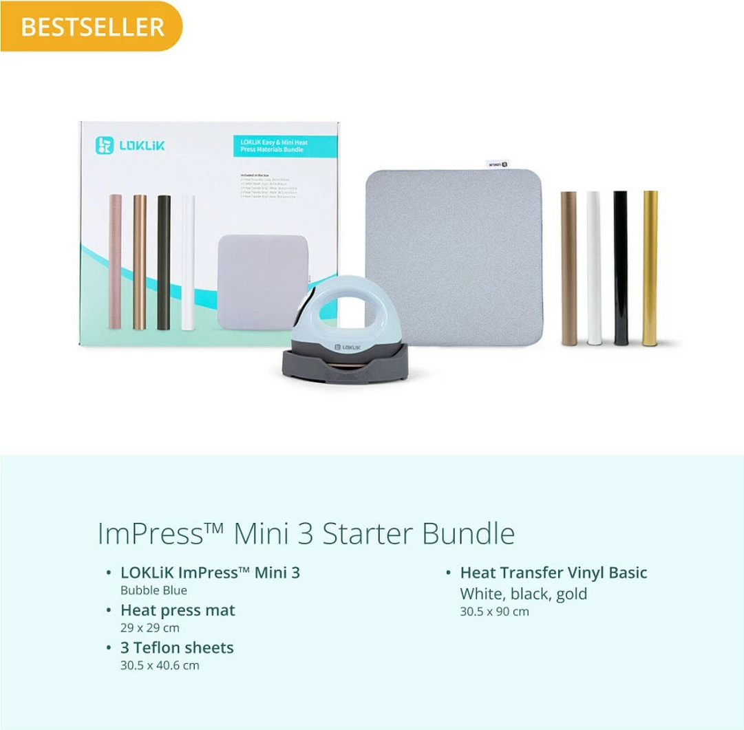Hekur mini termo-transfer LOKLiK ImPress Mini 3, 550W, 200°C, LCD, kaltër pastel