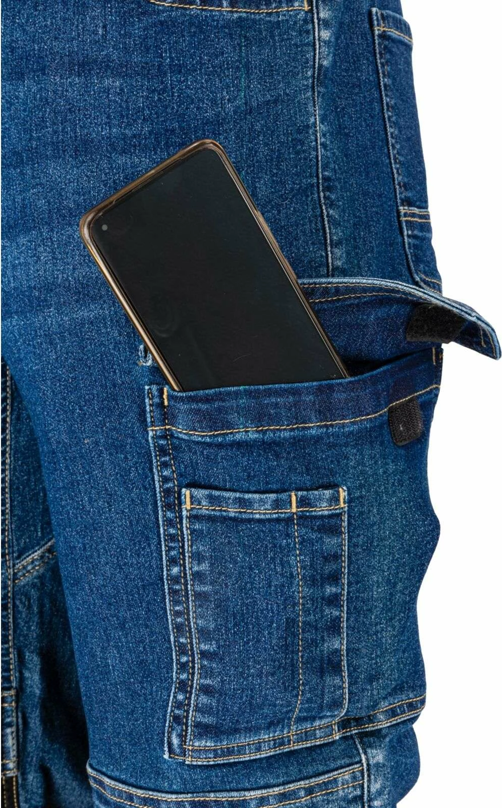 Pantallona xhins pune Lahti Pro L40550, slim fit stretch 280 g, madhësia M, të përforcuara, blu e errët
