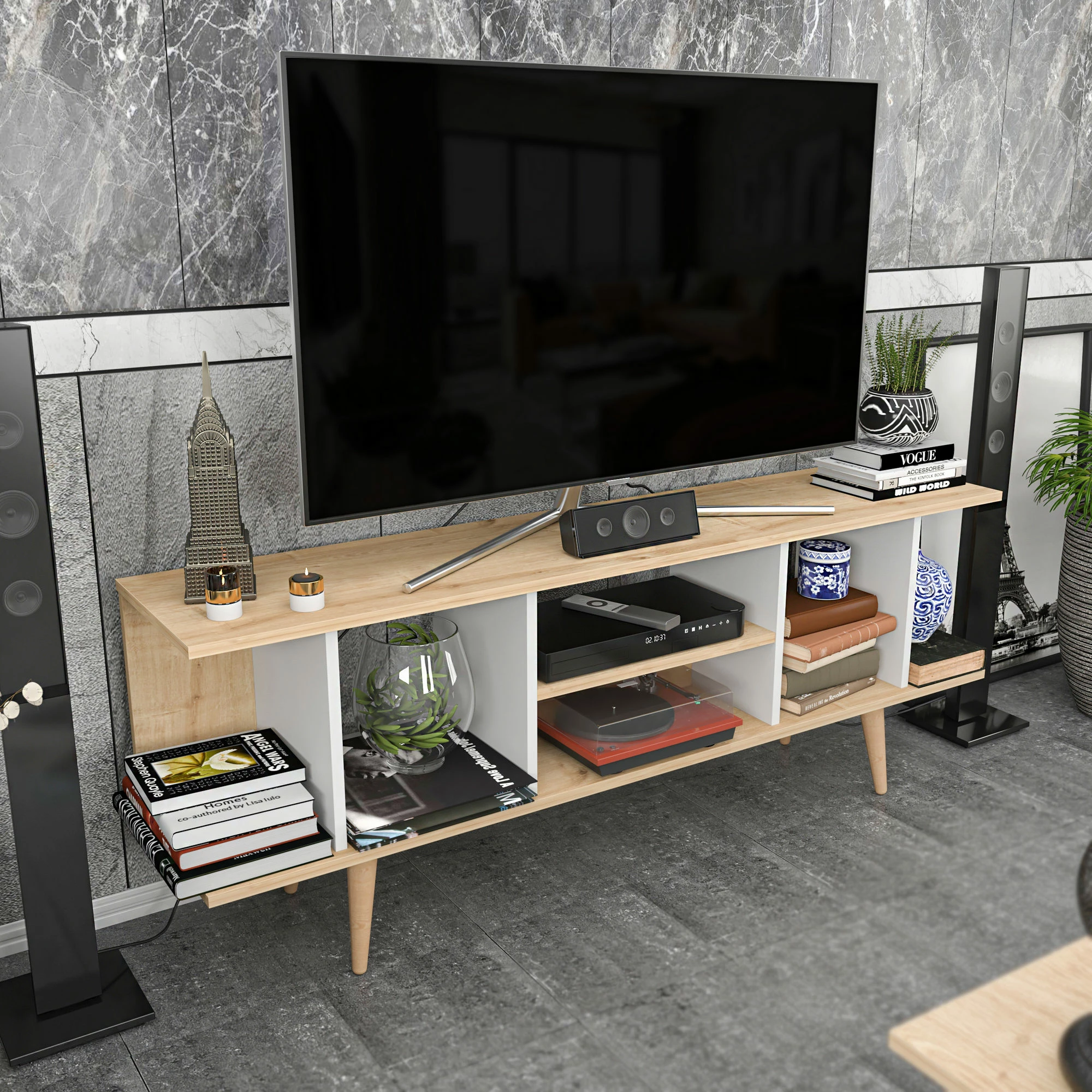 Komodinë TV Skye Decor, ngjyrë safir dhe e bardhë