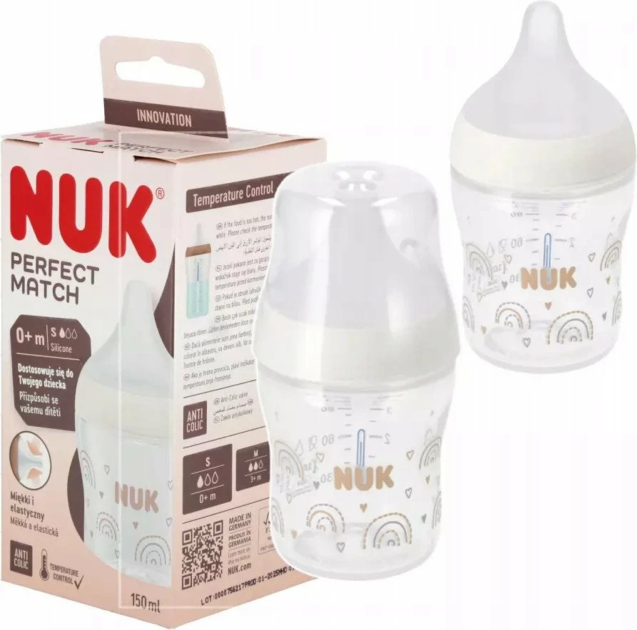 Biberon NUK Perfect Match 10743092 150 ml me biberon silikoni, indikator temperature, anti-kolik, transparent/bezhë, 1 copë