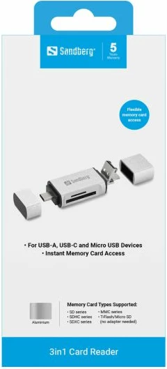 Lexues kartelash Sandberg 136-28 USB-C + USB-A + MicroUSB, SD/MicroSD, alumini, argjendtë/bardhë