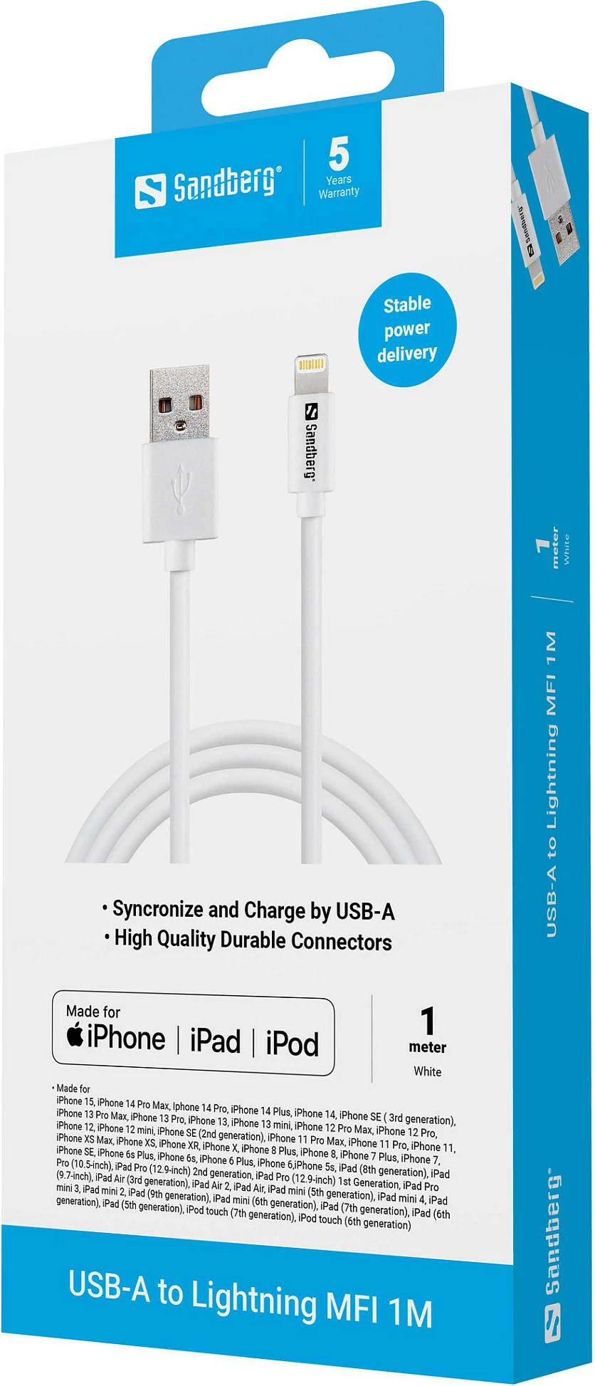 Kabllo Sandberg USB-A në Lightning MFi, 1m, e bardhë