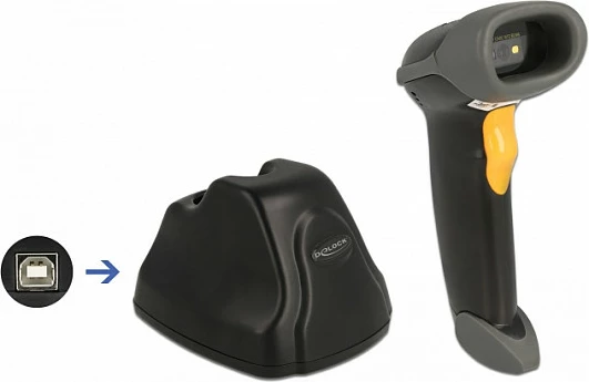 Skaner barkodi DeLOCK 2.4 GHz 1D/2D me bazë karikimi, USB, 2000 mAh, i zi/portokalli