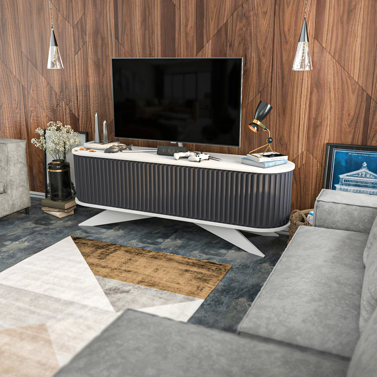 Komodë TV Hanah Home, anthracite dhe e bardhë, Stor