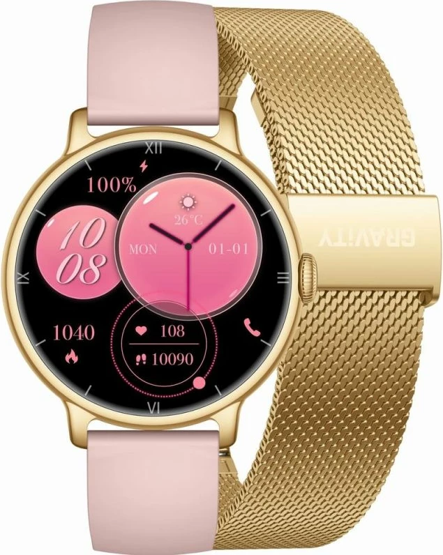Smartwatch për femra Gravity GT33-1, rrip i artë + rrip rozë
