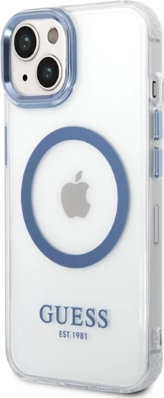 Mbështjellës Guess Metal Outline MagSafe për iPhone 14 Plus/15 Plus, Kaltër/Transparent