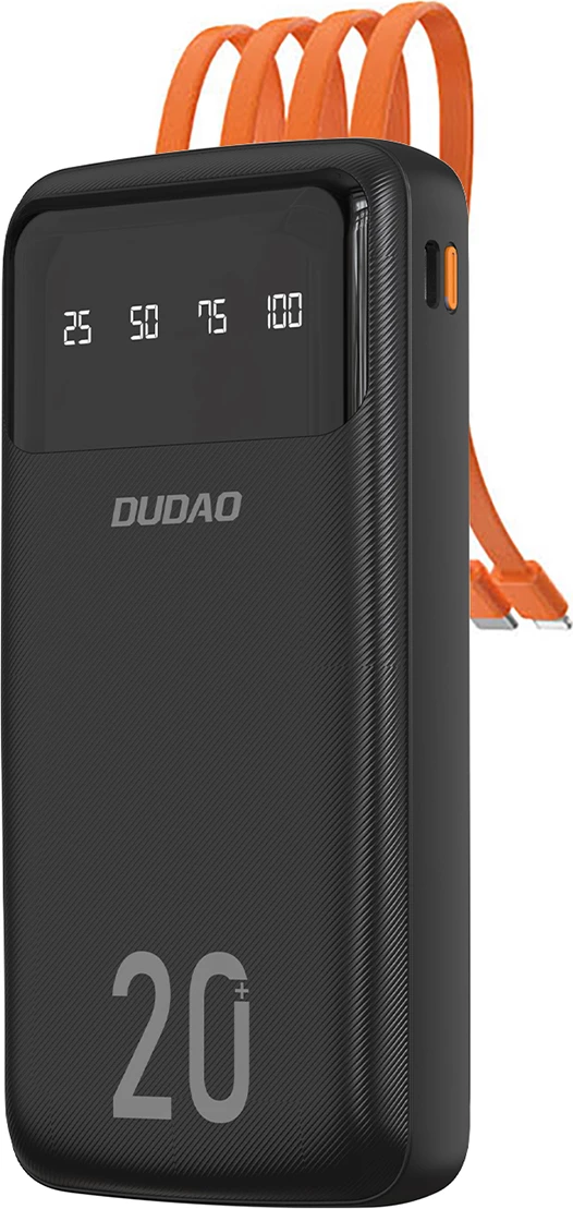 Powerbank, Dudao, K6Pro+, 20000 mAh, 3 kabllo të integruara (USB-C + micro USB + Lightning), 2x USB dalje, ekran i nivelit të karikimit, e zezë