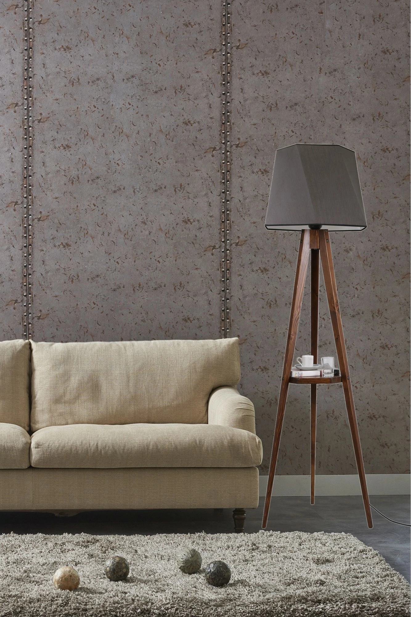 Llambë dyshemeje me rafte, Opviq, tripod, ngjyrë kafe dhe gri e errët, Sehbalı Tripod Lambader Ceviz Altıgen Koyu Gri Abajurlu