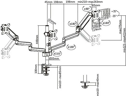 Mbajtëse tre-monitorësh EQUIP 650134, 17"-27", VESA 75x75-100x100, clamp tavoline, e zezë