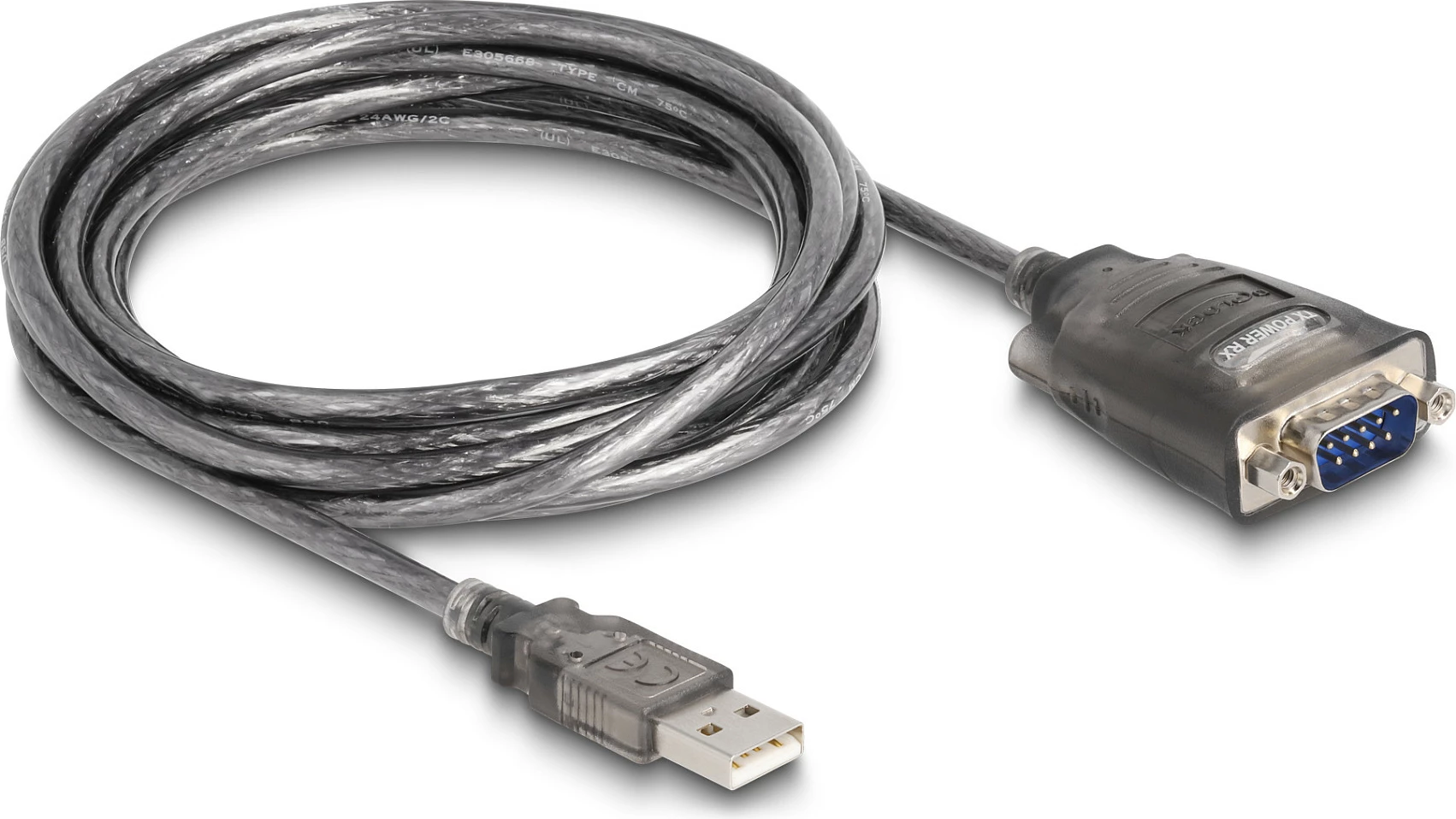 Adapter kabllo USB-A në RS-232 Delock FT231XS, 3 m, DB9 9-pin, me LED, zi/transparent