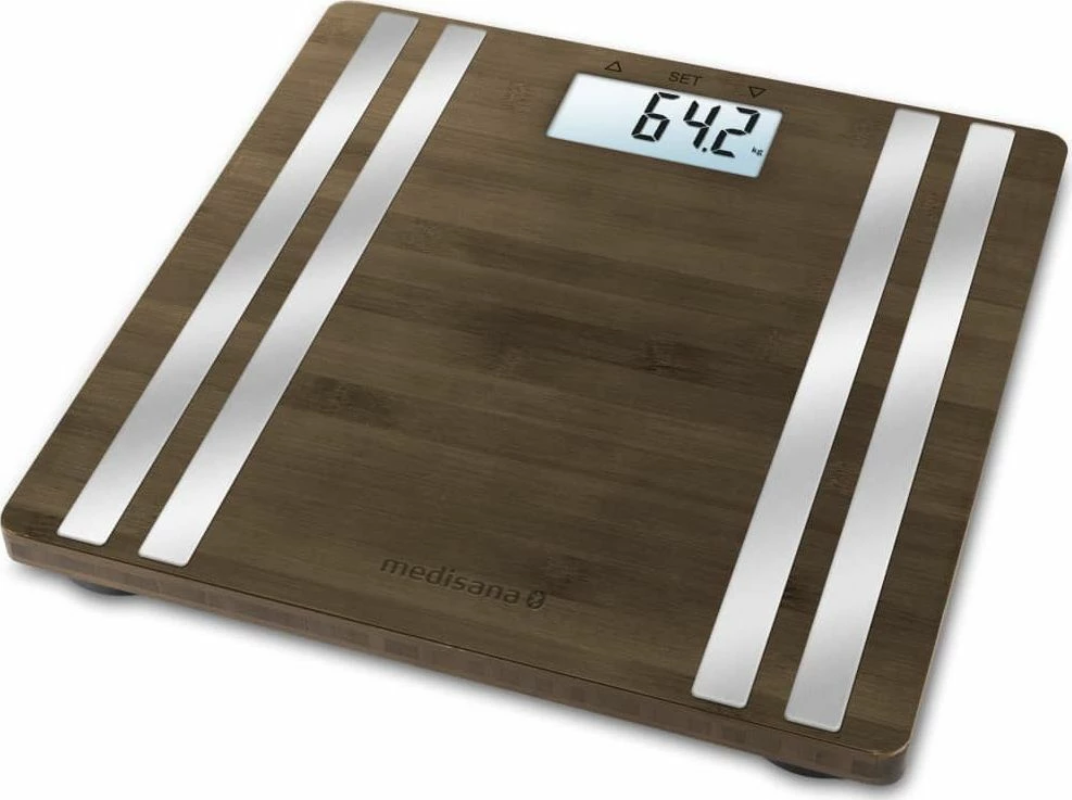 Peshore elektronike banjoje Medisana BS 552 Connect, analizë kompozimi trupi, Bluetooth, 160 kg, bambu, kafe e errët