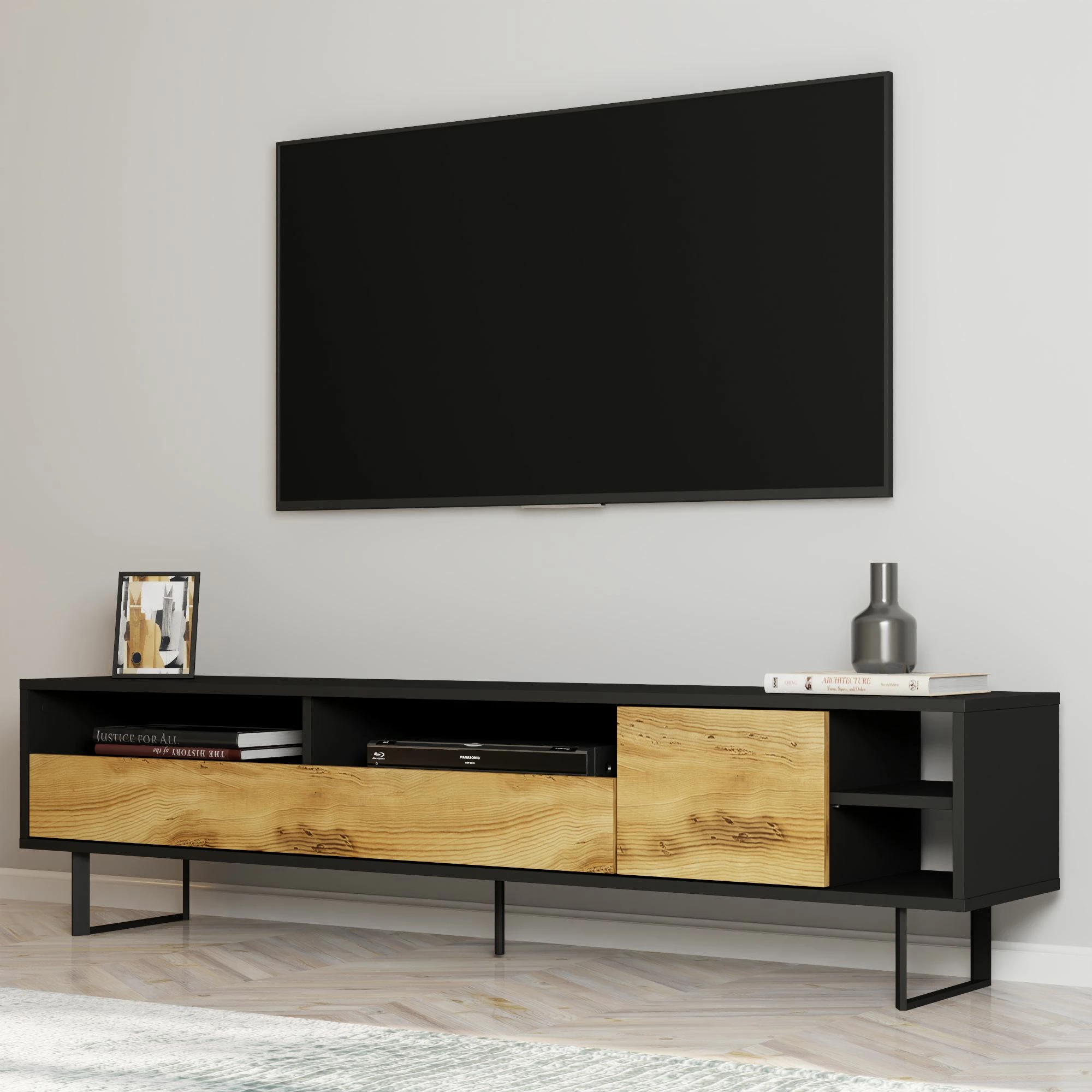Komodinë TV Skye Decor, ngjyrë e zezë dhe lis, Luga