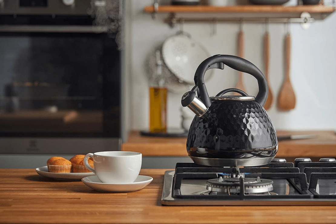 Çajnik me fishkëllimë Resto Aries 90606 2.7L inox, zi, në kuti dhurate