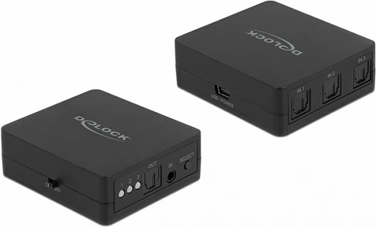 Switch optik audio S/PDIF TOSLINK DeLOCK, 3 hyrje 1 dalje, me telekomandë IR, USB, i zi