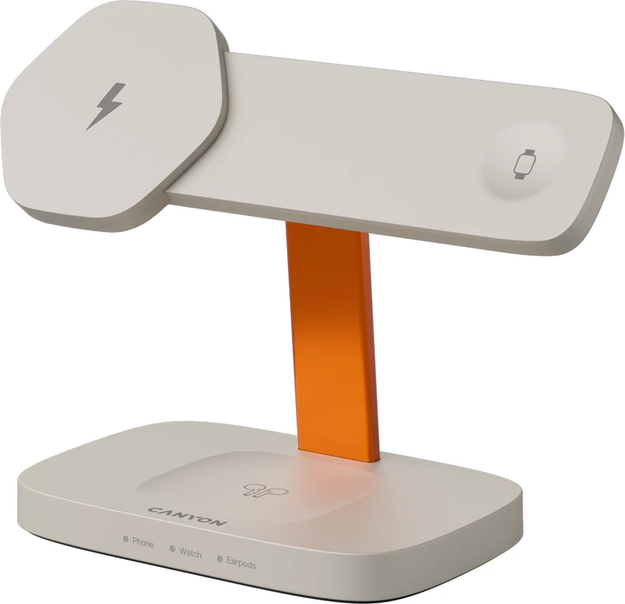 Stacion karikimi wireless CANYON Hexagon WCS-310 3n1 15W, adaptor PD 20W, USB-C, gri e çelët/portokalli