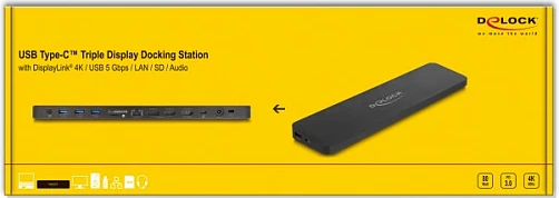 Docking station DeLOCK USB-C Triple Display DisplayLink 4K, 2x HDMI + DisplayPort, LAN, SD/microSD, USB PD 80W, e zezë