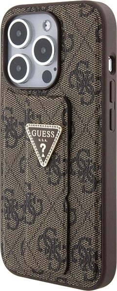 Mbështjellës Guess Grip Stand 4G Triangle Strass për iPhone 15 Pro, kafe