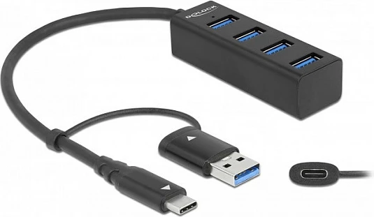 USB hub DeLOCK 4 porta, USB 3.2 Gen 1, Type-C/Type-A, e zezë