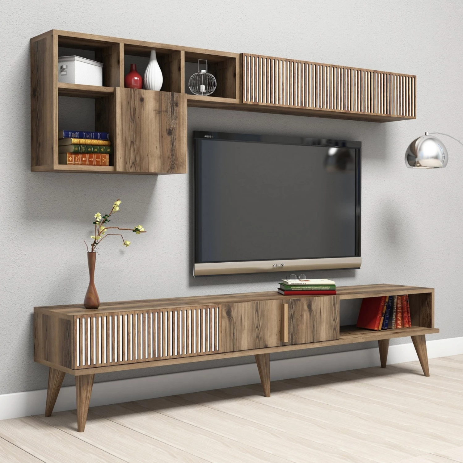 Set mobiljesh për TV, FH9438.02, melaminë, ngjyrë arre-bardhë, 180x35x40Hcm
