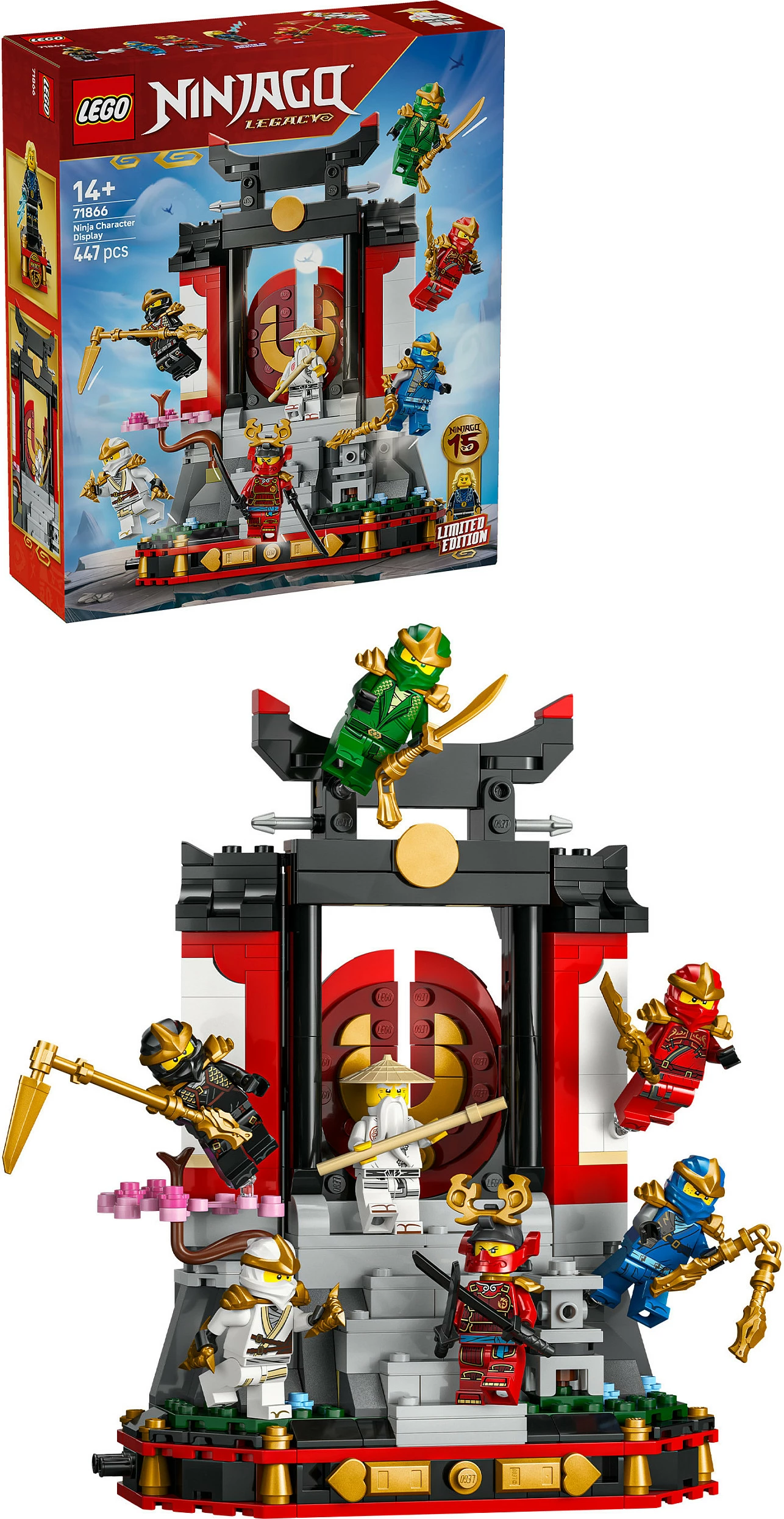 Set ndërtimi LEGO NINJAGO 71866 Ninja Character Display 15th Anniversary, 447 pjesë, 8 minifigura, 14+, multicolor