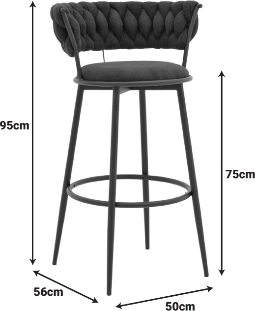 Karrige për bar Alkia, set prej 2 copë, stof ngjyrë ecru, këmbë metalike të zeza, 50x56x95cm