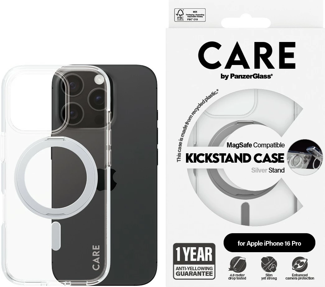Mbështjellës PanzerGlass CARE Feature Kickstand MagSAFE për iPhone 16 Pro transparent