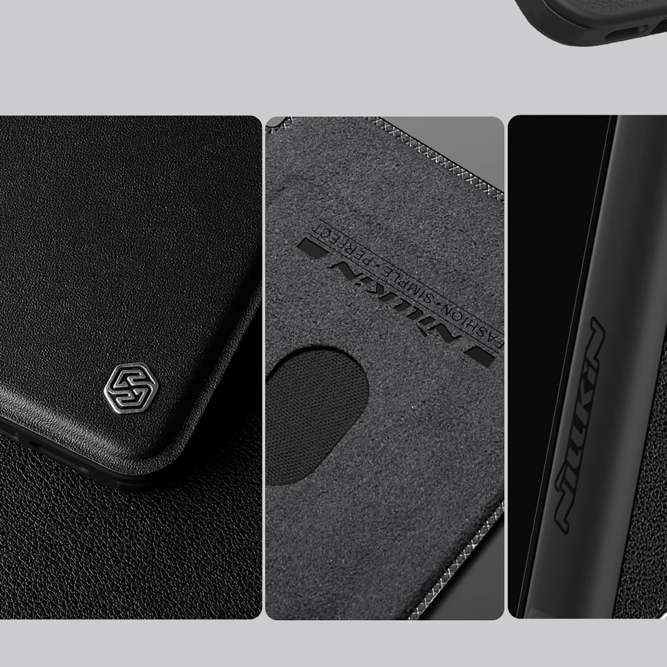 Mbështjellës Nillkin Qin Prop lëkurë për iPhone 16 Pro Max, me kapak kamere dhe mbajtëse, e zezë