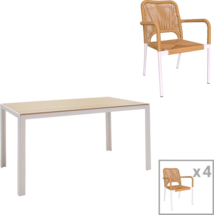 Tavolinë me karrige për terasë Nares-Norture A, alumin i bardhë, dru i përbërë natyral, set prej 5 copash, 140x80x72.5cm