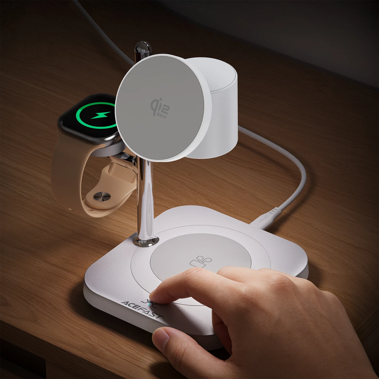 Stacion karikimi wireless Acefast E39 Qi2.2 25W 4-në-1 me dritë nate, i bardhë