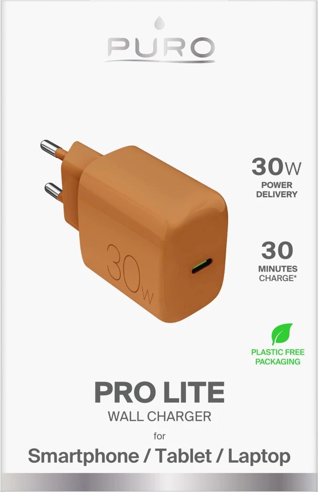 Karikues muror, Puro, Pro Lite 30W, USB-C PD 30W, 1 port, prizë EU, pa kabllo, portokalli