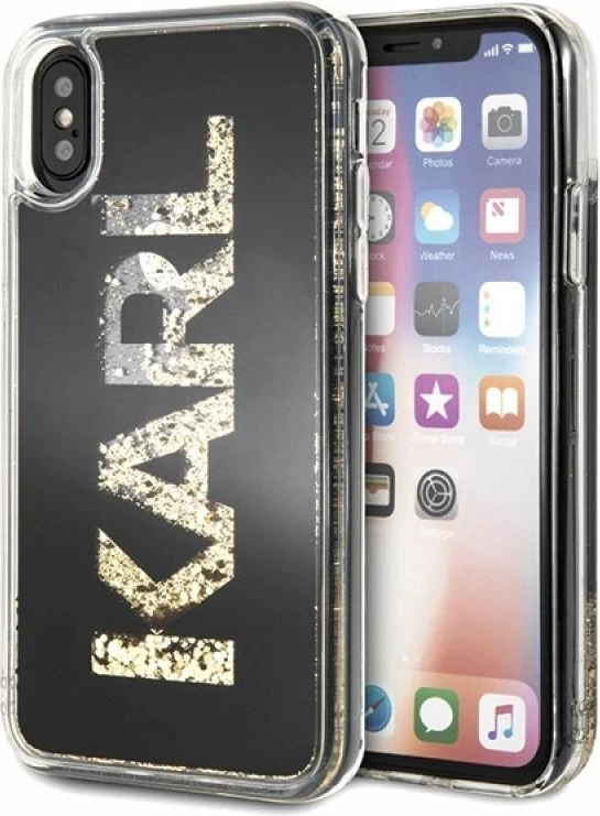 Mbrojtëse telefoni Karl Lagerfeld Karl Logo Glitter për iPhone X/Xs, e zezë