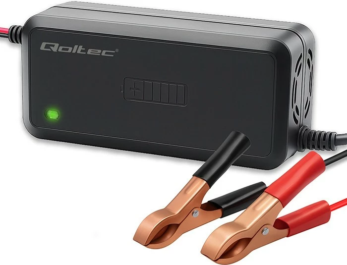 Karikues baterie mikroprocesorik, Qoltec, 52495, 12V 5A, 6 faza, për AGM/GEL/SLA, zi