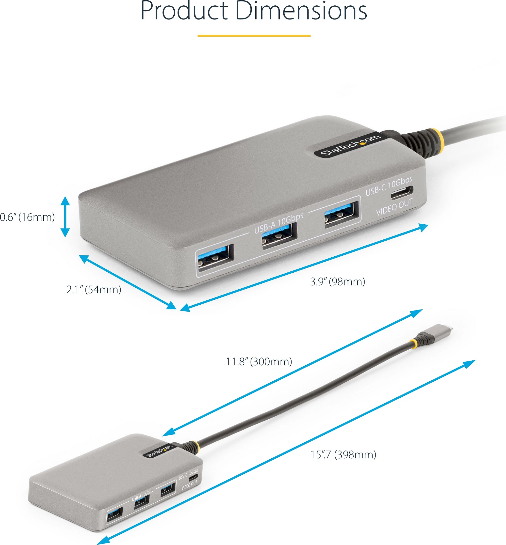 Hub USB-C StarTech 4-Port, 3x USB-A + 1x USB-C me DP Alt Mode 4K 60Hz, PD 100W, 10Gbps, gri