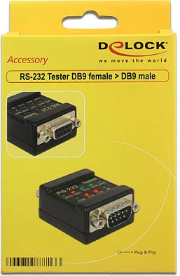 Tester RS-232 DeLOCK DB9 mashkull në DB9 femër, LED, Plug and Play, i zi