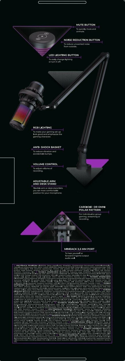 Mikrofon gaming USB PREYON Osprey Scream POS43B, RGB, cardioid/omnidirectional, me krah dhe kapëse tavoline, i zi